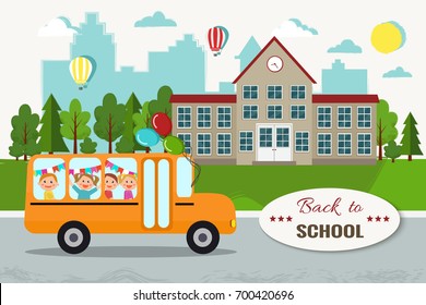 Welcome back to school vector illustration. School and school bus