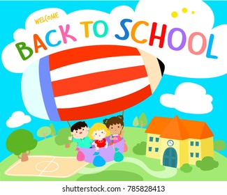 Welcome back to school vector illustration.
Cute multiracial children joyfull on colorful balloon.
Template for advertising poster.