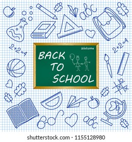 Welcome back to school vector image with blacboard and drawings on cell paper