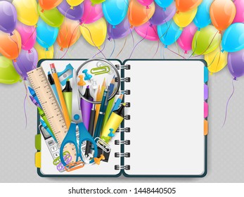 Welcome back to school vector with an open ring notebook, flying colorful balloons, and a pile of study supplies - scissors, ruler, puncils, sharpener, paper clips and a free space for text.