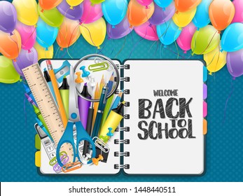 Welcome back to school vector with an open ring notebook, flying colorful balloons, and a pile of study supplies - scissors, ruler, puncils, sharpener, paper clips. Realistic vector illustration.