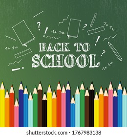Welcome back to school. Vector poster with colorful pencils and sketch drawing phrase and doodle on green background