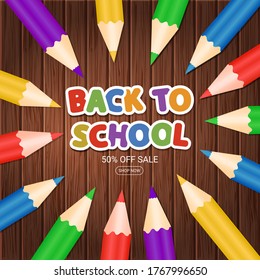 Welcome back to school. Vector poster with colorful pencils and  phrase on wooden background. Sale banner