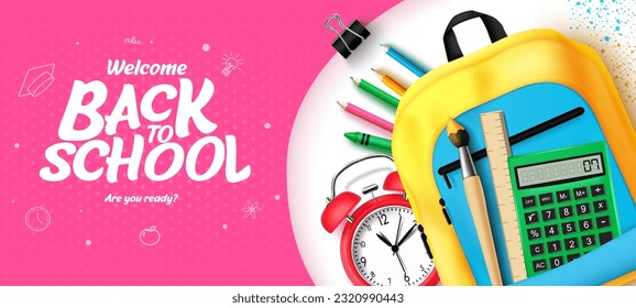 Welcome back to school vector template. Back to school in pink space for text with learning items elements and supplies. Vector illustration educational greeting design.