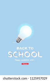 Welcome Back to school. Vertical Banner and Cover with set of doodle icons and realistic light bulb with lighting. Concept for education. Vector illustration EPS10.