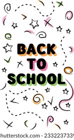 Welcome Back to school vertical banner. Poster or banner back to school. Back to school chalkboard with chalk drawings. Neon chalk on chalkboard. Banner for web and apps. 3D text.