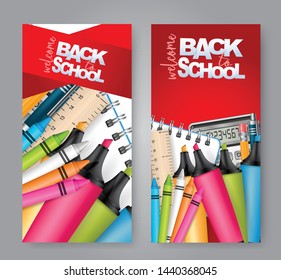 Welcome back to school vertical banners or flyers set for advertisement, discount offer, study supplies sale. Red background vector illustration..