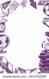 Welcome Back to school Vertical frame, doodle on checkered paper background, vector illustration. Drawing with a blue pen on a notebook sheet . Handmade, not AI Vector illustration.
