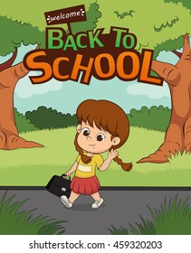 welcome back to school.kid walking to school.vector and illustration.