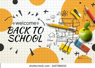 Welcome Back to School web banner, doodle on checkered paper background, vector illustration.