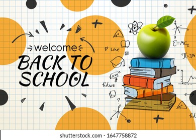 Bienvenido de vuelta a la escuela banner web, doodle sobre fondo de papel a cuadros, ilustración vectorial.