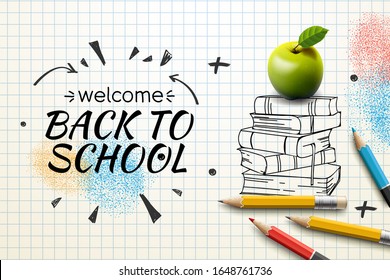 Welcome Back to School web banner, doodle on checkered paper background, vector illustration.