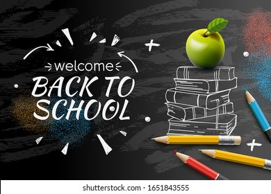 Welcome Back to School web banner, doodle on black chalkboard background, vector illustration.