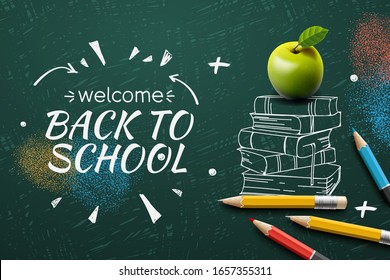 Welcome Back to School web banner, doodle on black chalkboard background, vector illustration.