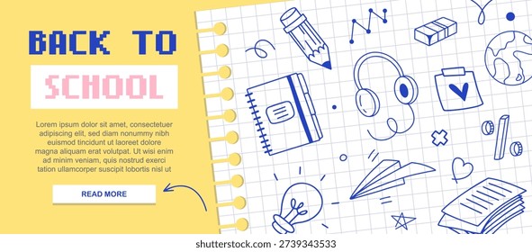Welcome Back to School Web Banner Template. Retro Pixel Font, Doodle Stationery Icons on Yellow Notebook Grid Background, Vector Illustration