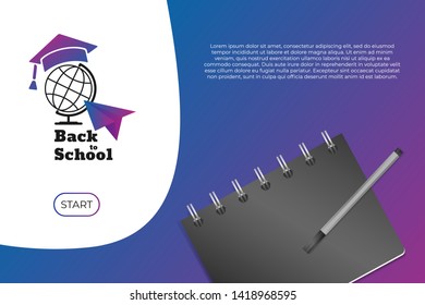 Welcome back to school web site landing page. Vector banner with school notebook mock up, globe and gradient paper plane on white background. - Vector