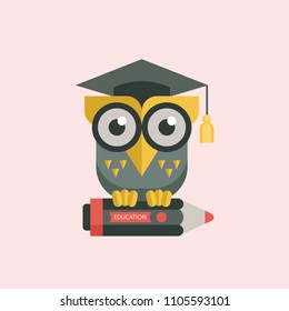 Welcome back to school. A wise owl in an academic cap holds a pencil in its paws. Vector emblem, logo.
