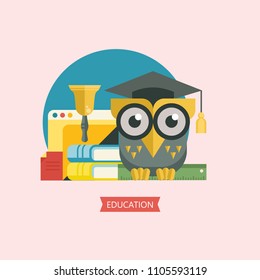 Welcome back to school. A wise owl in an academic cap holds a ruler in its paws. Next stack of books. Vector emblem, logo.