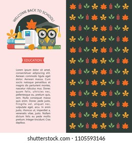 Welcome back to school. A wise owl in an academic cap holds a ruler in its paws. Next to the open book, a stack of books and a school bell. Vector emblem, logo. Flyer template with space for text. Bac