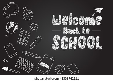 Welcome back to school word with learning gadgets cartoon doodle on chalk black board  education concept hand drawn vector illustration design.
