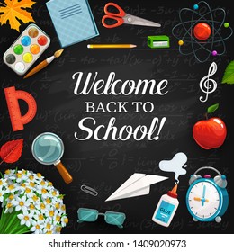 Welcome back to school written on blackboard with maths formulas and equations. Vector stationery items, scissors and exercise book, physics, molecules and atoms model. Flower bouquet, time to study