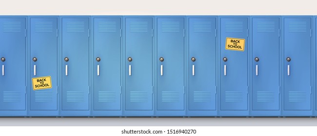 Welcome back to school. Yellow stickers on blue cupboards with combination lock and handles. Set of realistic school locker, metal cabinets. Vector template, 3d illustration