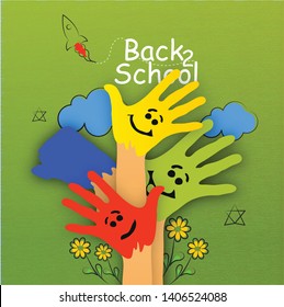 Welcome back to school-illustration of schoolboy with notebook,colour hand and teacher background poster- Vector