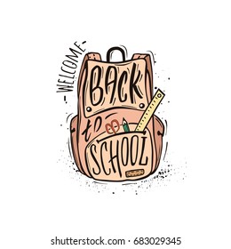 Welcome back to school.Pink school bag with school supplies and hand-drawn lettering and ink splashes on white background. Vector poster.