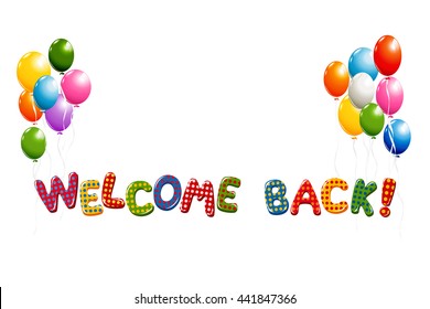 Welcome Back text in colorful polka dot design with balloons