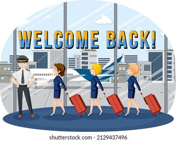 Welcome Back typography design with aircrew characters illustration