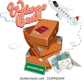 Welcome Back typography design with luggages illustration