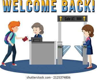 Bienvenido Diseño de tipografía de espalda con pasajeros caminando hacia la ilustración de la puerta de embarque