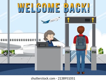 Welcome Back typography design with passenger on boarding illustration