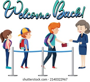 Welcome Back typography design with passengers and service staff illustration