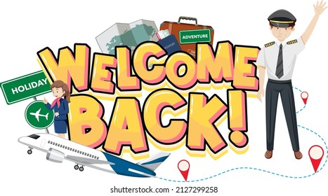 Welcome back typography logo with a pilot cartoon character illustration