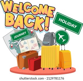 Welcome Back typography logo travelling objects illustration