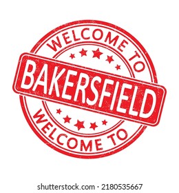 Bienvenido a BAKERSFIELD. Impresión de un sello redondo con una escoria. Estilo plano