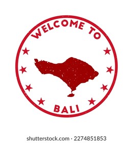 Welcome to Bali stamp. Grunge island round stamp with texture in Super Rose Red color theme. Vintage style geometric Bali seal. Beautiful vector illustration.
