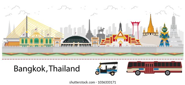 Welcome to Bangkok, Thailand, tourism poster design with attractions, landmark.