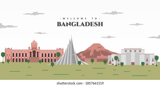 Welcome to Bangladesh postcard. Beautiful landscape view with famous building landmark. Travel and safari concept of Asia. Around the world. Vector illustration