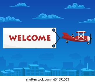 Welcome banner is attached to the airplane. Vector illustration