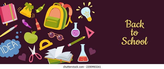 Welcome banner Back to School. Advertisement poster template, learning school supplies. Background education objects for student. First day school invitation flyer, template, cover mockup vector