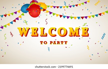 welcome banner with balloon, confetti and flags in cream color background