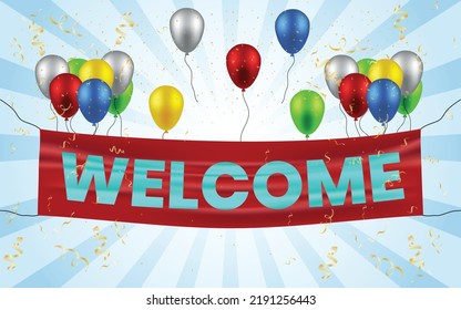 Welcome banner with balloons. Welcome phrase on ribbon with greetings vector illustration