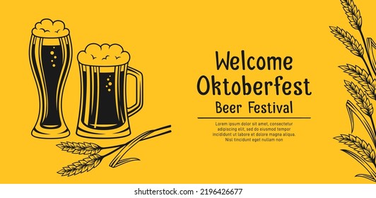 Welcome banner Beer festival Oktoberfest. Vintage advertisement poster template card glass cup and wheat ear. Retro design alcohol bar craft background, brewing restaurant menu, invitation party