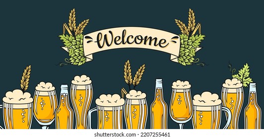 Welcome banner Beer festival Oktoberfest. Vintage advertisement poster template card glass cup and wheat ear, hop ribbon tape. Design alcohol bar craft background, brewing restaurant invitation party