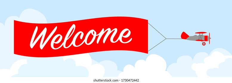 Welcome banner, card. Vector illustration, clip art, cartoon. Flying Biplane with banner, retro air vehicle with ribbon welcome. 