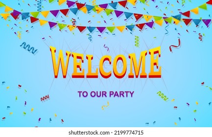 banner de bienvenida con confietti y banderas de fondo azul suave