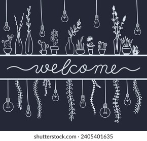 Welcome banner with flowers and light bulbs. Vector illustration on dark gray background