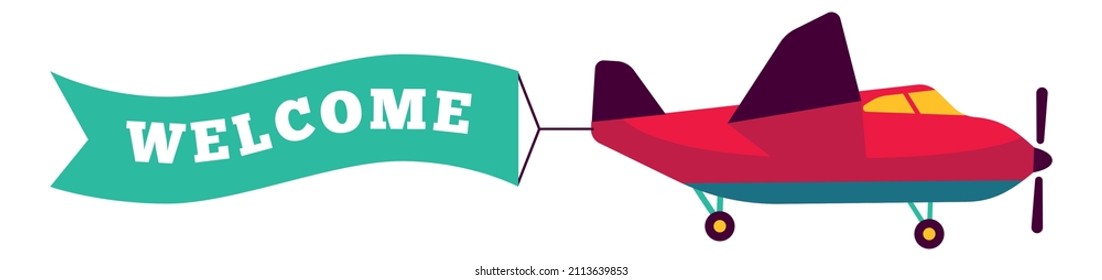 Welcome banner flying with plane. Vintage airplane advertising
